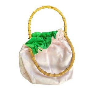 Vintage 1970s Bamboo Handle Pink Handbag with Green lining retro shoulder bag 70